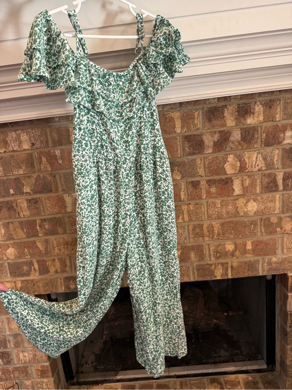 Abercrombie Kids 7/8 Floral Off-Shoulder Wide-Leg Jumpsuit in Green/White